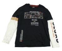 Čierno-bielo-hnedé tričko s potlačou a nápismi C&A