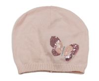 Svetloružová pletená čapica s motýlkem z flitrů