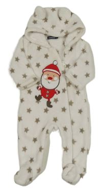 Smotanová plyšová vianočná kombinéza so Santou a hviezdičkami a kapucňou in extenso