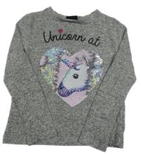 Šedé melírované úpletové mikinotriko so srdíčkem z překlápěcích flitrů s jednorožcom PRIMARK