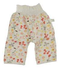 Smotanové teplákové turecké tepláky s kvietkami a větvičkami