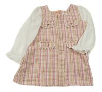 Kockované teplákové šaty s gombíky a korálkami a bielymi šifónovymi rukávy SHEIN