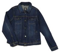 Tmavomodrá tepláková rifľová bunda s golierikom POCOPIANO