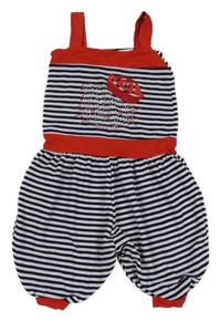 Tmavomodro-bielo-červený pruhovaný nohavicový overal s Kitty z kamínků