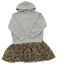 Sivé teplákové šaty s leopardí sukní a kapucňou Zara