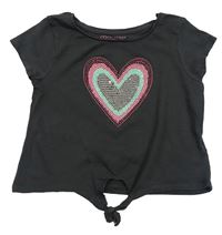 Antracitové crop tričko se srdcem z flitrů Primark