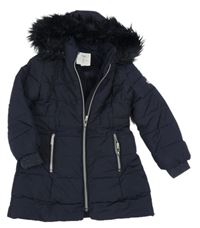 Tmavomodrý pruhovaný šusťákový zimní kabát s kapucí s kožešinou Jasper Conran