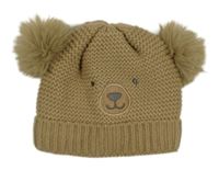 Hnedá pletená čapica s medvěďom a bambulemi F&F