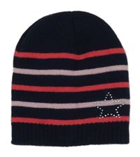 Tmavomodro-ružová čapica s pruhmi a hvězdou z kamínků