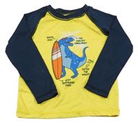 Žluto-tmavomodré UV triko s dinosaurem a surfem