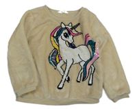 Béžová chlpatá mikina s jednorožcem z překlápěcích flitrů H&M