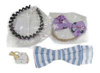 Nové - 5 set - Modro-bílá pruhovaná čelenka s mašlí + černá čelenka s kamínky + fialová mašle + 2x žlutá gumička do vlasů