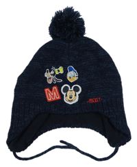 Tmavomodrá melírovaná pletená čepice s Mickeym s přáteli a bambulí Disney