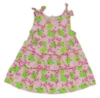 Ružovo-zelené kvetované plátenné šaty s želvičkami
