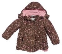 Hnědo-růžová šusťáková zimní bunda s hvězdičkami a kapucí Topolino