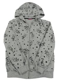 Šedá vzorovaná propínací mikina s obrázky a kapucí 