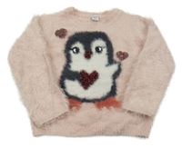 Svetloružový chlpatý sveter s tučňákem Dopodopo