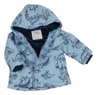 Světlemodrá šusťáková zateplená bunda s dinosaury a kapucí Primark