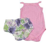 2set - Růžové perforované body + bílo-fialovo-zelené květované kalhotky na plenku