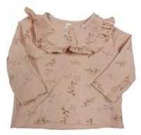 Ružové kvetované rebrované tričko s volánikmi