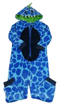 Modro-zelená flekatá plyšová kombinéza s kapucí - dino