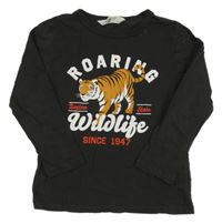 Tmavosivé tričko s tigrom a nápismi H&M