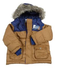 Hnědo-tmavomodrá šusťáková zimní bunda s potiskem a kapucí s kožešinou Kiki&Koko