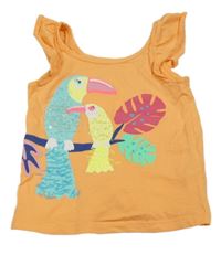 Oranžový top s vtáčky a volánikmi C&A