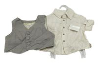 Nové - 2set - Smetanovo-šedá pruhovaná lněná košile + šedá vesta 