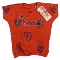 Nové - Červeno-čierne tričko so srdiečkami a nápisom a kamienkami