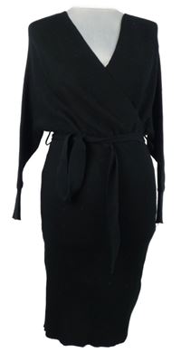 Dámské černné svetrové žebrované šaty s páskem 