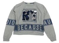 Sivo-tmavomodré crop tričko s nápisom a překlápěcími flitre