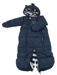 Tmavomodrá šusťáková zimní kombinéza/fusak s medvěďom a kapucňou H&M