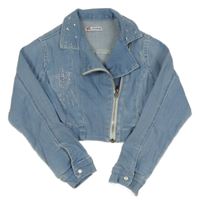 Modrá rifľová crop bunda s kamienkami