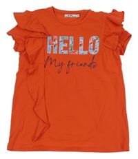 Oranžovo-červené tričko s nápisom a volány