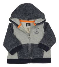 Šedo-modro žíhaná prepínaci mikina s kapucňou