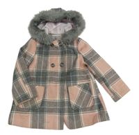 Šedo-růžový kostkovaný podšitý kabát s kapucí Mothercare