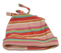 Modro-ružovo-biela pruhovaná fleecová čapica s strapcemi