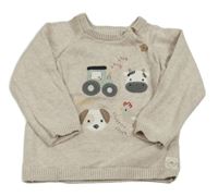 Béžový melírovaný sveter s traktorom a zvířaty F&F