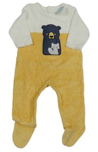 Nové - Bílo-žlutý sametový overal s medvědem 