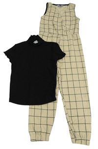 2set - Černé žebrované tričko + béžovo-černý kostkovaný kalhotový overal Primark