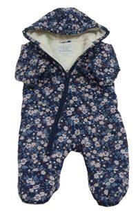 Tmavomodrá květovaná šusťáková zateplená kombinéza s kapucí Primark