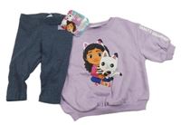 Nové - 2set - Fialová mikina s obrázkem+ tmavomodré lehké tepláky 