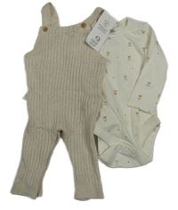 Nové - 2 set - bílé body s medvědy + béžové pletené žebrované laclové tepláky F&F