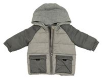 Šedo-tmavošedá šusťáková zimní bunda s kapucí 