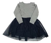 Stříbrno-tmavomodré teplákovo/tylové šaty s volánky George 