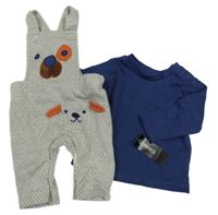 2set - Šedé vzorované laclové tepláky s pejsky + tmavomodré triko Dunnes