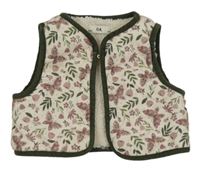 Bielo-olivová zamatová zateplená vesta s motýly C&A