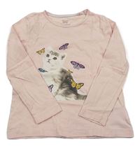 Svetloružové tričko s koťátkem a motýlikmi lupilu
