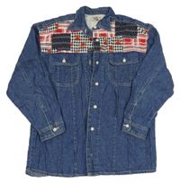 Modrá rifľová košeľová bunda so vzorom a kvetmi